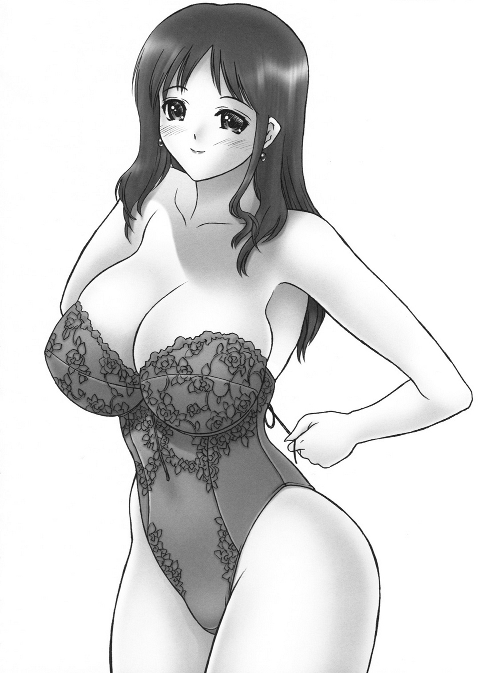 armpits bare_shoulders blush breasts cleavage corset curvy greyscale highres iruma_kamiri large_breasts leotard long_hair monochrome smile solo undressing wide_hips