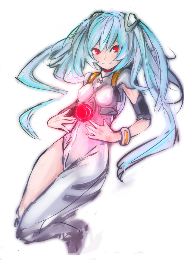 alternate_hair_length alternate_hairstyle asymmetrical_clothes ayanami_rei bad_id bad_pixiv_id blue_hair breasts covered_nipples glowing ishinomaki long_hair neon_genesis_evangelion plugsuit red_eyes single_pantsleg skin_tight small_breasts smile solo twintails white_background
