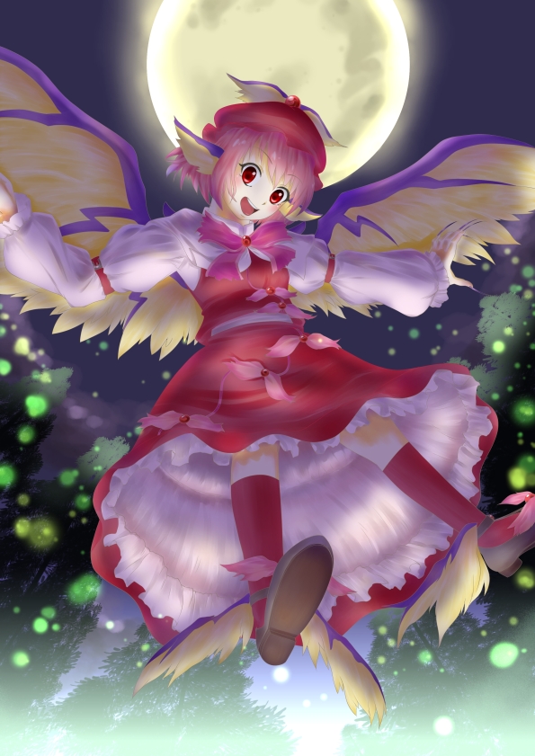 animal_ears dress fingernails from_below full_moon hat long_fingernails moon mystia_lorelei pink_hair red_eyes shoes solo thighhighs touhou winged_shoes wings youmou_usagi