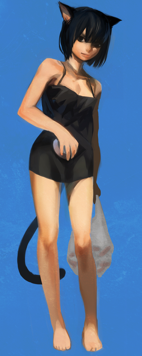 animal_ears bare_shoulders barefoot black_eyes black_hair cat_ears cat_tail copyright_request dress highres legs match_(type74tk) short_hair simple_background solo tail