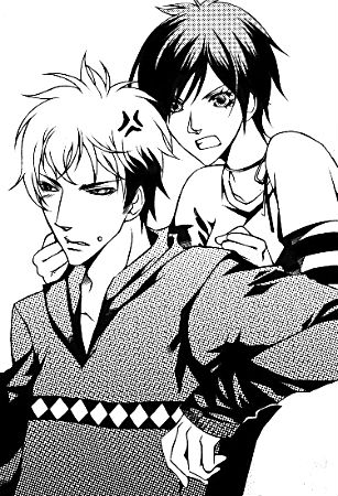 angry black_and_white bow choker comic couple diamond female jewelry lowres mad male manga monochrome necklace piercing ribbon shirt string striped texture vein veins