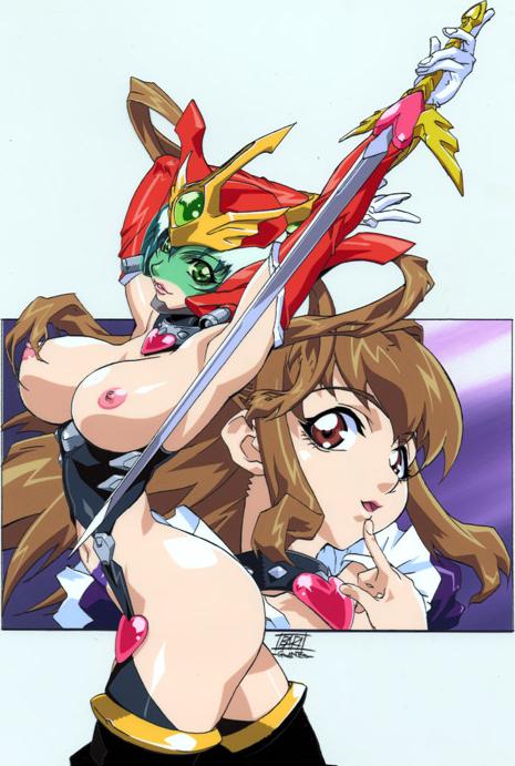 angel_blade armor breasts brown_hair finger_on_mouth finger_to_mouth masami_obari nipples nude oobari_masami sword visor weapon