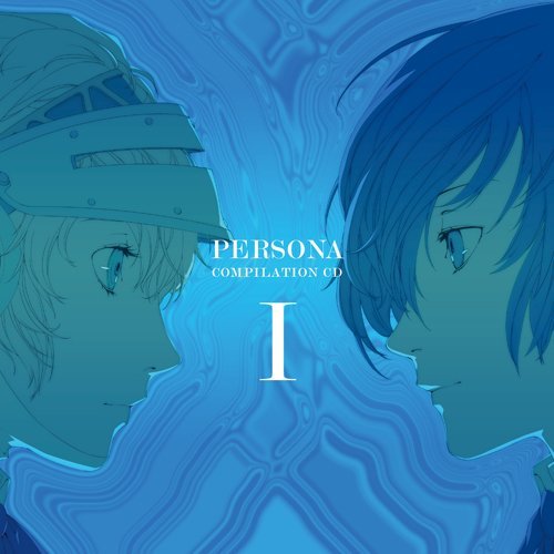 1girl aegis_(persona) album_cover android armor bangs blue blue_background blue_eyes blue_hair closed_mouth copyright_name cover eye_contact face face-to-face from_side hairband light_smile looking_at_another lowres monochrome official_art persona persona_3 profile roman_numerals smile soejima_shigenori yuuki_makoto