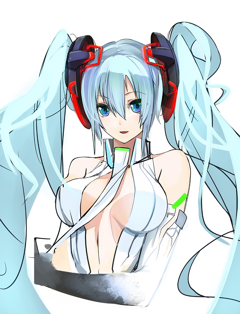 aqua_hair bare_shoulders blue_eyes breasts center_opening elbow_gloves gloves hatsune_miku hatsune_miku_(append) light_smile long_hair mechanical_parts medium_breasts necktie pupps simple_background solo twintails upper_body very_long_hair vocaloid vocaloid_append white_background