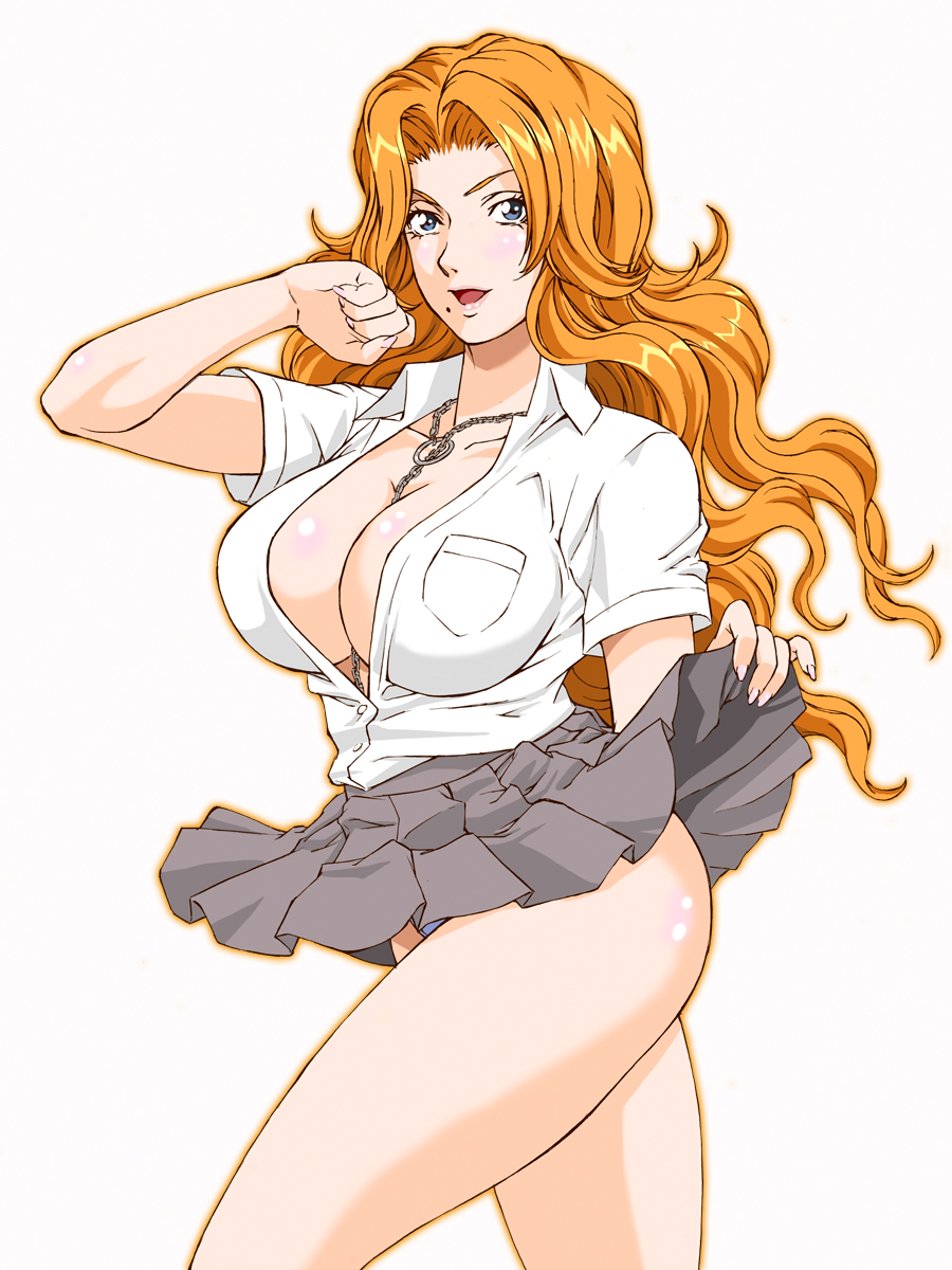 bleach blonde_hair blue_eyes breasts chain chains cleavage clenched_hand female fist happy highres large_breasts legs long_hair looking_at_viewer matsumoto_rangiku mole open_mouth panties pantyshot pose ranzuki rippadou school_uniform simple_background skirt skirt_lift smile solo standing thighs underwear white_background
