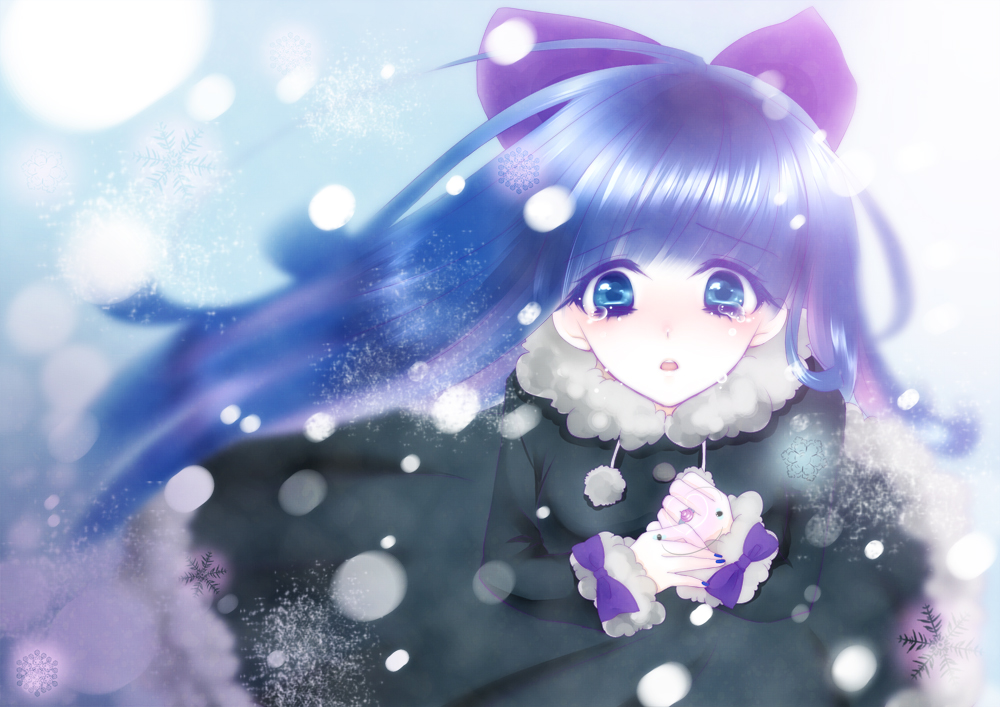 bangs black_dress blue_eyes blue_hair blue_nails bow d: dress eyebrows_visible_through_hair from_above fur_trim hair_bow hands_together jewelry long_sleeves looking_at_viewer nail_polish open_mouth panty_&amp;_stocking_with_garterbelt pom_pom_(clothes) purple_background ring snowflakes snowing solo stocking_(psg) tears window yukashia