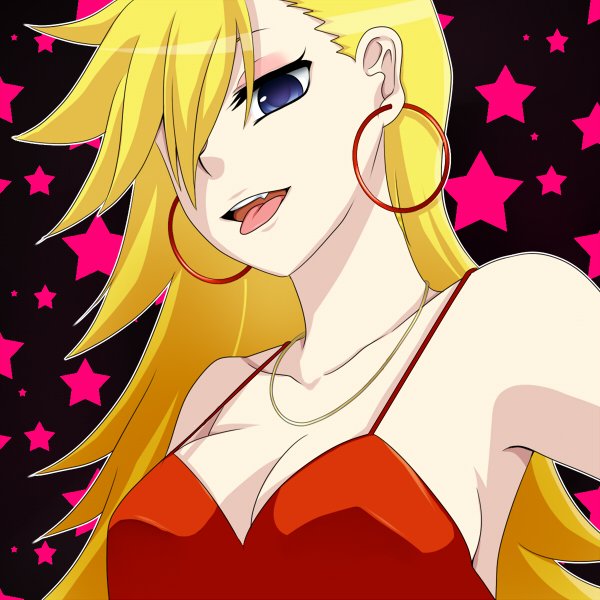 armpits bad_id bad_pixiv_id bare_shoulders blonde_hair blue_eyes breasts cleavage dress earrings fang hair_over_one_eye jewelry long_hair medium_breasts necklace nnyara pale_skin panty_&amp;_stocking_with_garterbelt panty_(psg) red_dress solo spaghetti_strap star tongue upper_body