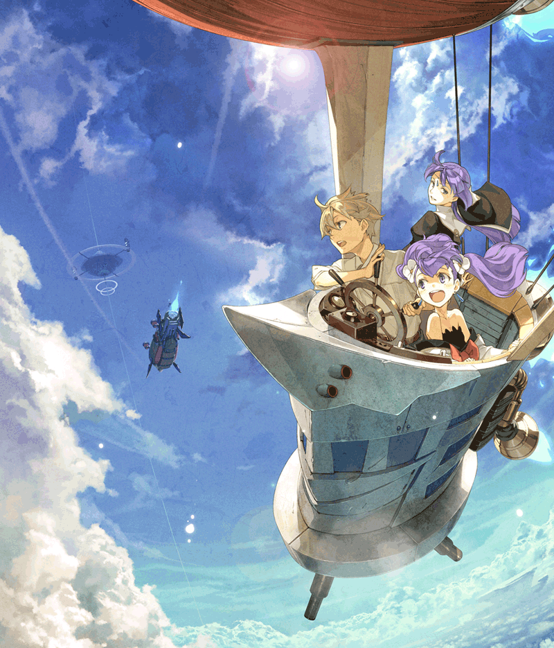 2girls :d aircraft airship clain cloud day dirigible fantasy flying fractale hidari_(left_side) long_hair multiple_girls nessa official_art open_mouth phryne purple_eyes purple_hair ribbon scenery sky smile steampunk sun twintails