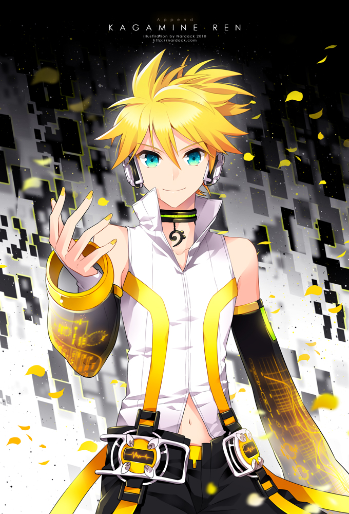 bad_id bad_pixiv_id bare_shoulders bass_clef blonde_hair blue_eyes choker detached_sleeves headphones kagamine_len kagamine_len_(append) looking_at_viewer male_focus nardack navel outstretched_arm petals popped_collar sleeveless solo vocaloid vocaloid_append