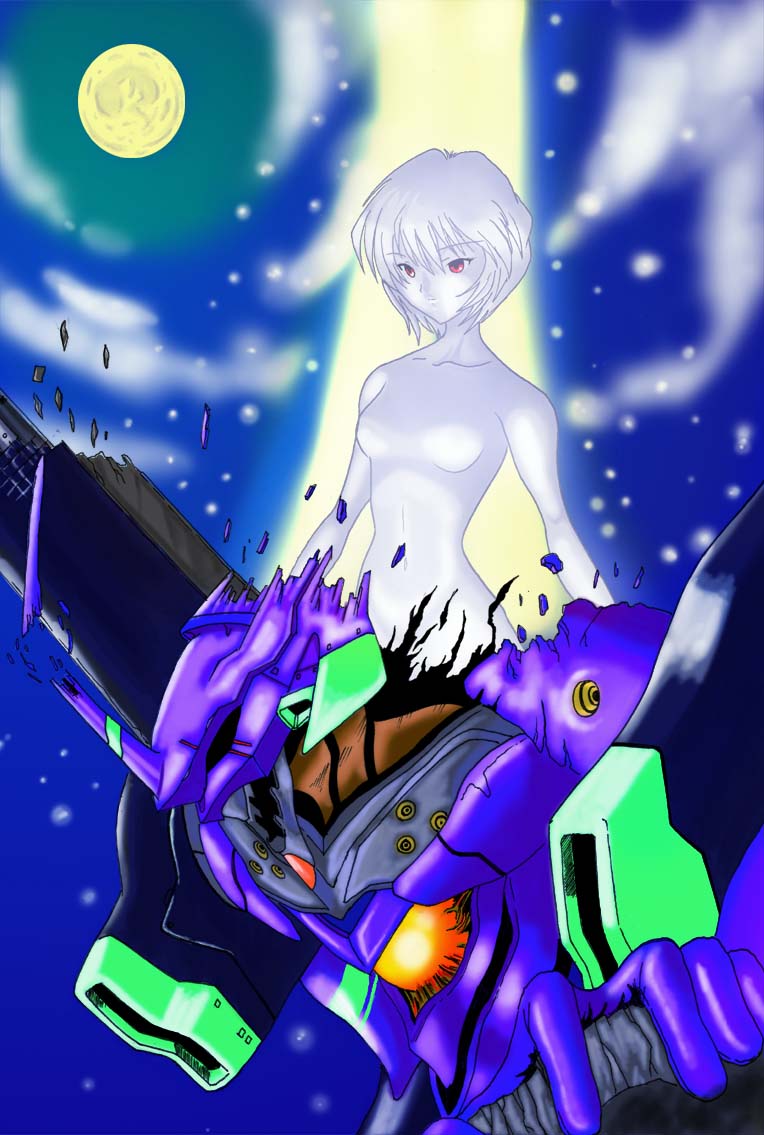 ayanami_rei cloud eva_01 expressionless lilith_(ayanami_rei) moon neon_genesis_evangelion neosworldend night no_nipples nude outdoors red_eyes robot role_reversal short_hair star