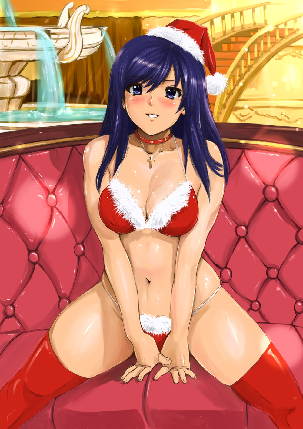 arm_support bikini blue_eyes blue_hair blush breasts christmas cleavage collar couch cross dream_c_club dream_c_club_(series) fountain grin halterneck hat highres jewelry large_breasts long_hair navel necklace red_legwear reika_(dream_c_club) santa_costume santa_hat shiny shiny_skin shu-z smile solo stairs swimsuit thighhighs water