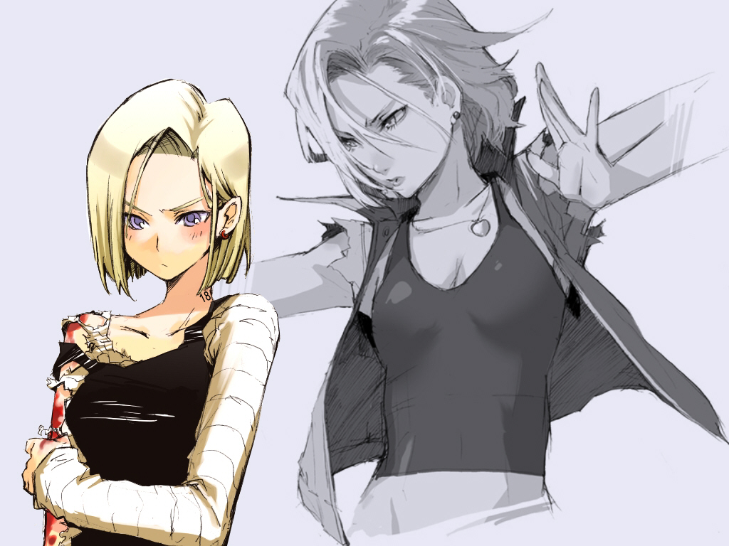 1girl android android_18 blonde_hair blood blue_eyes blush breasts cleavage collar dragon_ball dragonball_z earring earrings jacket jewelry necklace purple_eyes short_hair solo standing torn_clothes