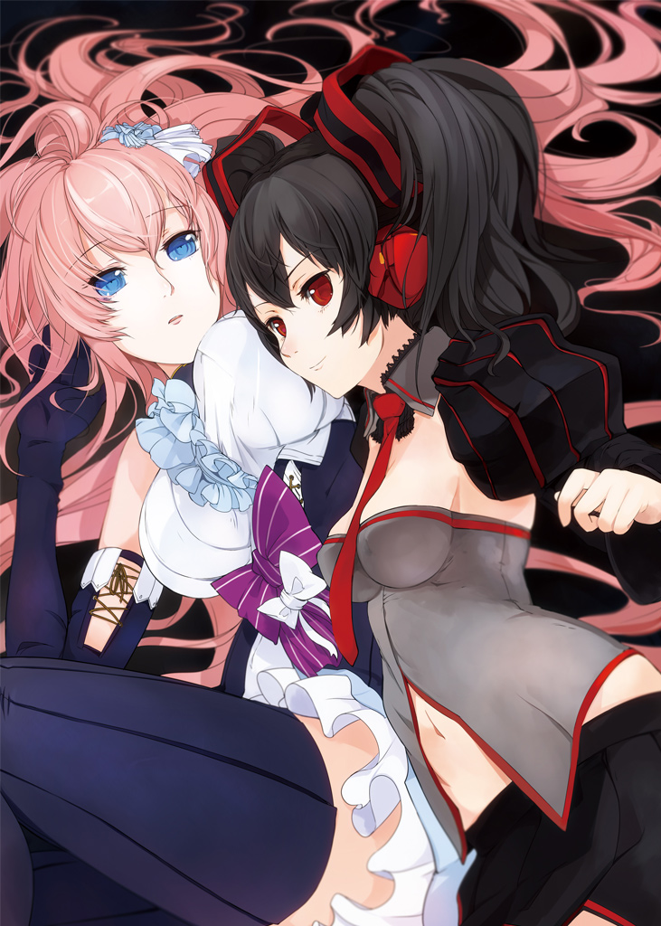 black_hair blue_eyes bow breast_pillow elbow_gloves gloves hair_ornament long_hair lying megurine_luka multiple_girls necktie on_side pink_hair pupps red_eyes thighhighs twintails vocaloid zatsune_miku