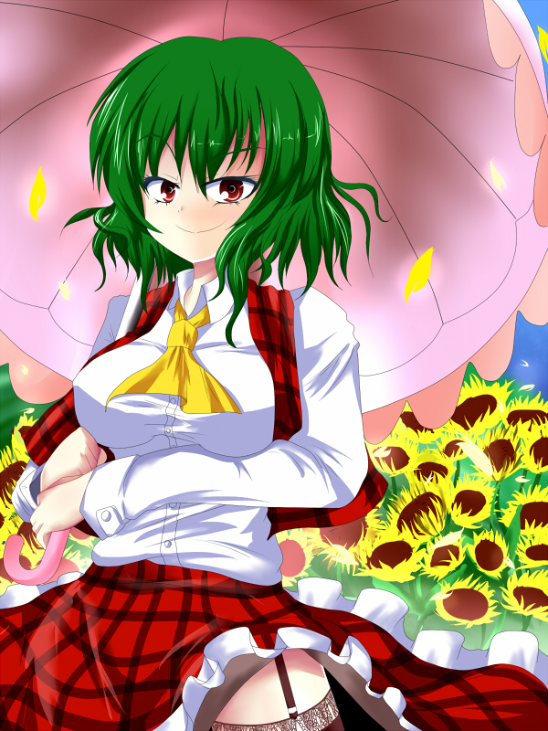 ascot breasts flower garter_straps garters green_hair impossible_clothes impossible_shirt kame_no_nin kazami_yuuka large_breasts plaid plaid_skirt plaid_vest red_eyes shirt short_hair skirt skirt_set smile solo sunflower thighhighs touhou vest