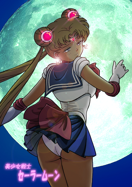 artist_request ass back_bow bishoujo_senshi_sailor_moon blonde_hair blue_sailor_collar blue_skirt bow copyright_name cowboy_shot earrings elbow_gloves from_behind full_moon gloves jewelry long_hair magical_girl moon panties pleated_skirt red_bow sailor_collar sailor_moon sailor_senshi_uniform skirt skirt_lift solo tiara tsukino_usagi twintails underwear white_panties