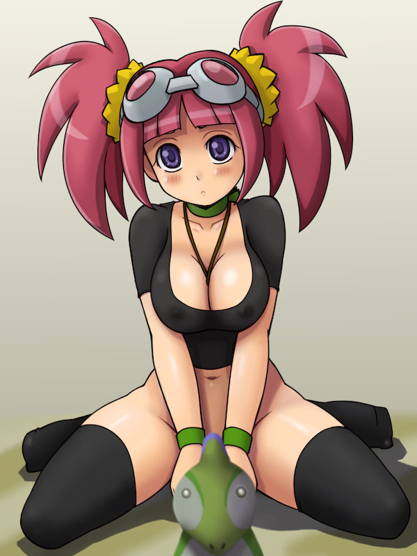between_breasts black_legwear blush bottomless breasts choker cleavage convenient_censoring crop_top dinosaur_king goggles goggles_on_head jewelry large_breasts navel no_panties pendant purple_eyes red_hair shiny shiny_skin short_hair sitting solo tatsuno_malm thighhighs tsumitani_daisuke twintails v_arms wariza wristband