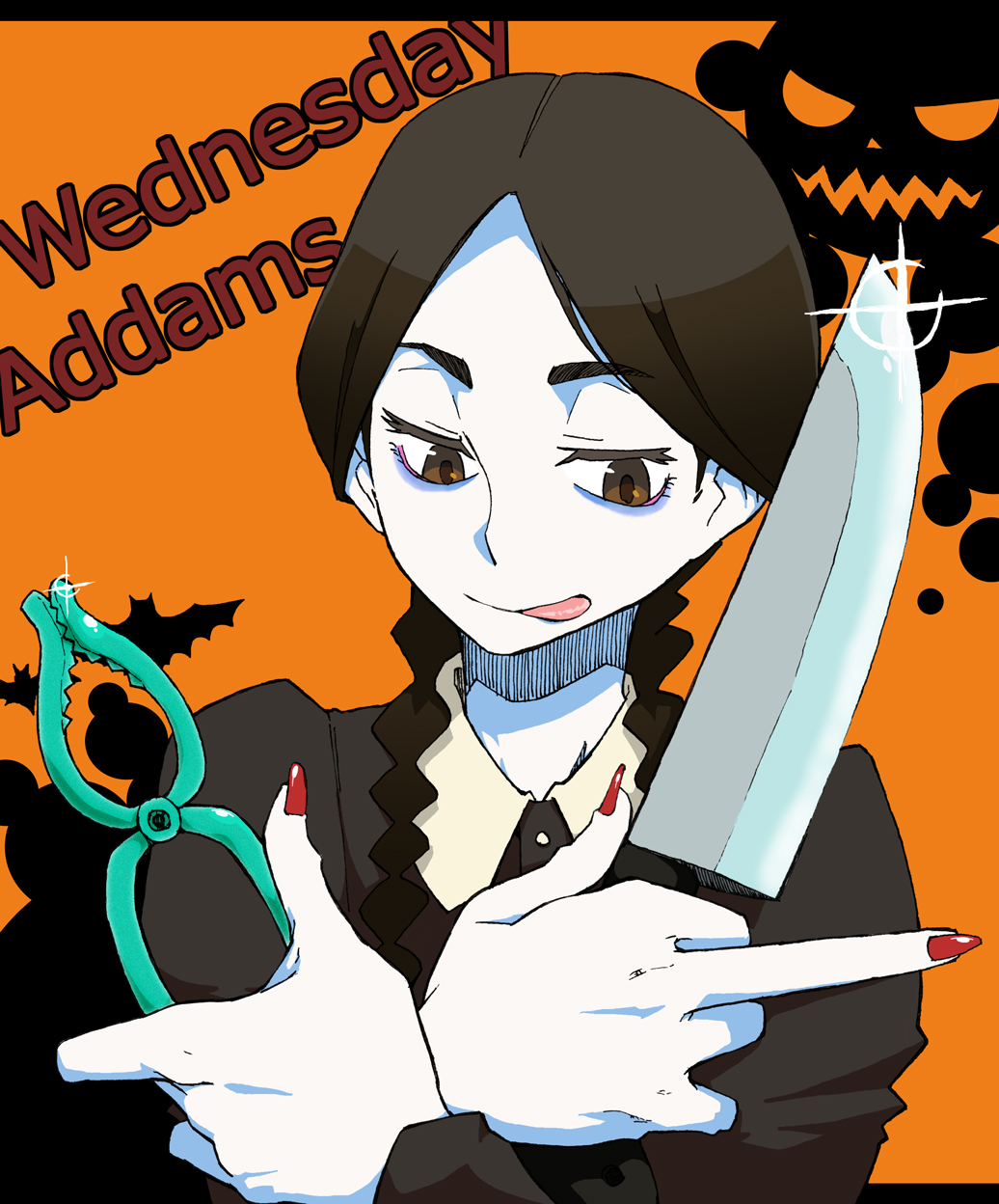 :q addams_family bat braid debacoq face fingernails hands highres knife long_fingernails middle_finger nail_polish pale_skin pliers red_nails smile solo tongue tongue_out twin_braids wednesday_addams