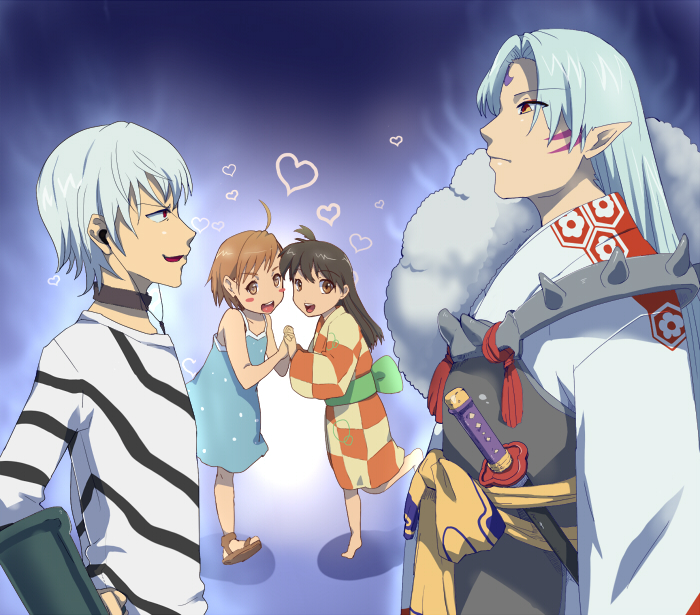 2girls accelerator ahoge armor bad_id bad_pixiv_id black_hair brown_hair crossover crutch demon_boy dress heart hexagon inuyasha japanese_clothes kimono last_order long_hair multiple_boys multiple_girls pointy_ears red_eyes rin_(inuyasha) sasagawa_satarou sesshoumaru sword to_aru_majutsu_no_index weapon white_hair yellow_eyes yukata