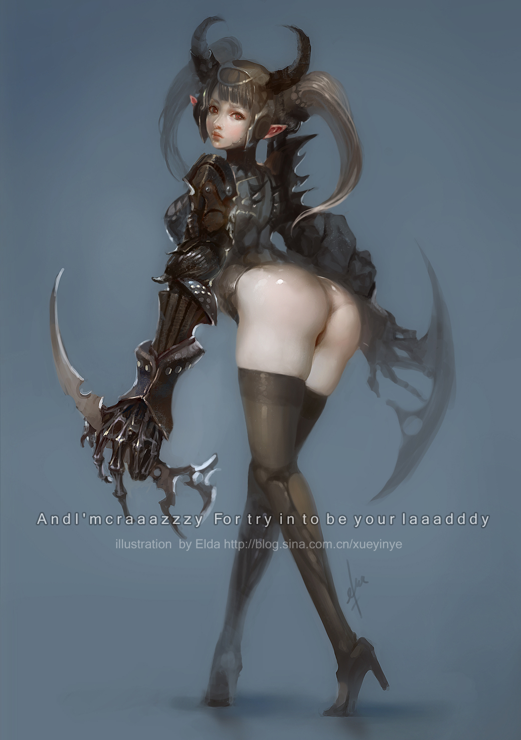 armor ass brown_hair dagger highres horns original pointy_ears red_eyes solo thighhighs twintails weapon yoru_(xueyinye)