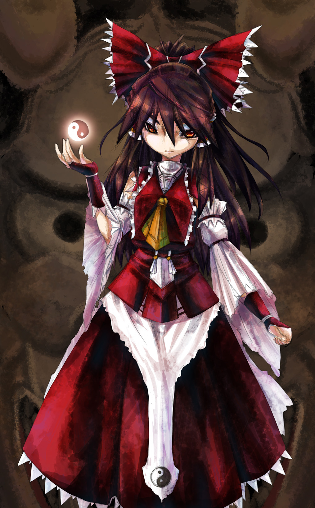 ascot bow brown_hair detached_sleeves hair_bow hakurei_reimu highres koumajou_densetsu long_hair red_eyes shaen short_hair solo touhou yin_yang