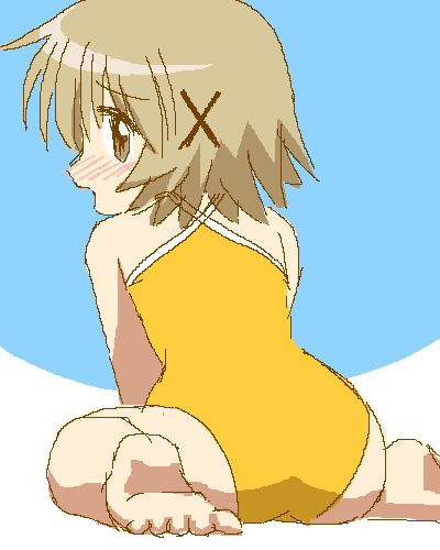 1girl ass awa barefoot blush brown_eyes brown_hair feet from_behind hair_ornament hairclip hidamari_sketch looking_back lowres one-piece_swimsuit short_hair sitting soles solo swimsuit toes wariza yuno