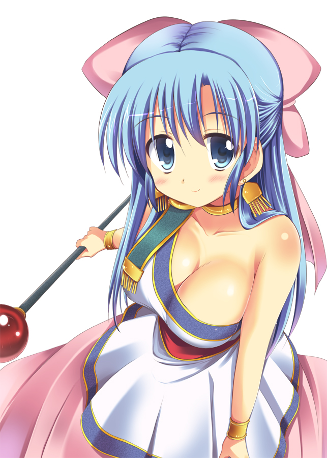akane_souichi bare_shoulders blue_eyes blue_hair blush bow bracelet breasts cleavage dragon_quest dragon_quest_v dress earrings flora hair_bow half_updo jewelry large_breasts long_hair pink_bow simple_background smile solo staff