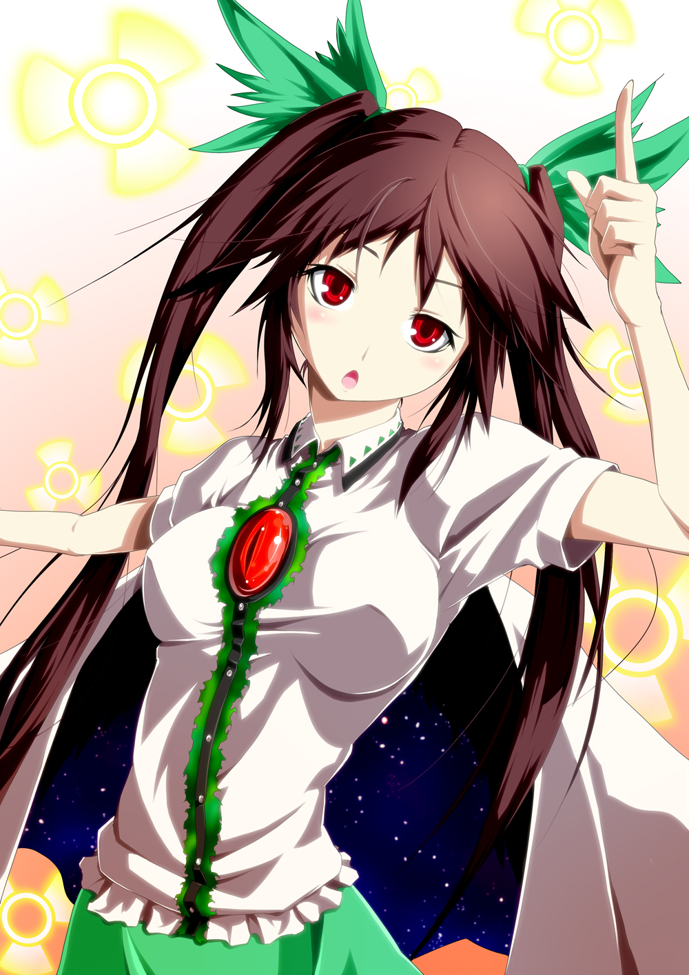:o alternate_hairstyle bow breasts brown_hair cape green_bow hair_bow head_tilt highres large_breasts long_hair maruyama_kurehiro open_mouth pointing radiation_symbol red_eyes reiuji_utsuho solo touhou twintails