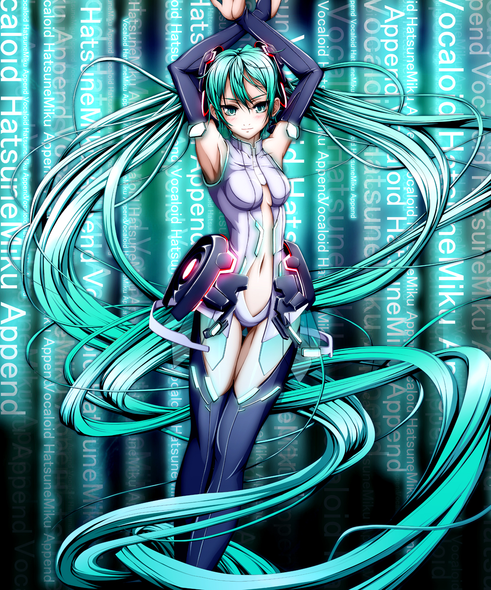 aqua_eyes aqua_hair armpits arms_up background_text bad_id bad_pixiv_id belt blush breasts bridal_gauntlets center_opening character_name hachimitsu_candy hatsune_miku hatsune_miku_(append) headphones highres long_hair medium_breasts navel necktie solo thighhighs twintails very_long_hair vocaloid vocaloid_append wall_of_text
