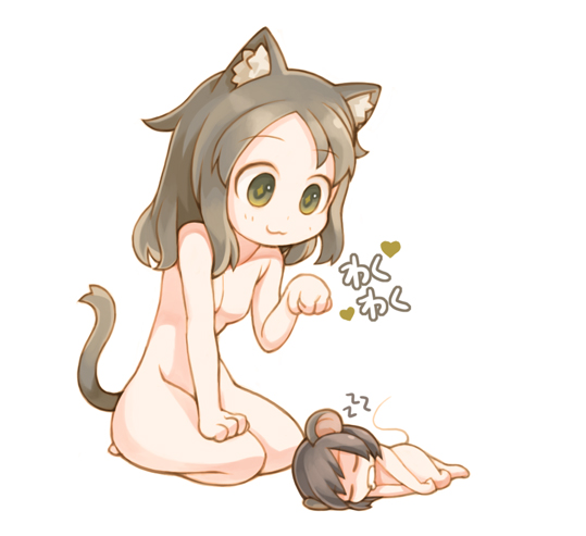 2girls :3 animal_ears black_hair cat_ears cat_tail chibi closed_eyes drooling green_eyes heart lying miniboy mouse_ears multiple_girls nude on_side original paw_pose ran_system seiza simple_background sitting sleeping smile tail zzz