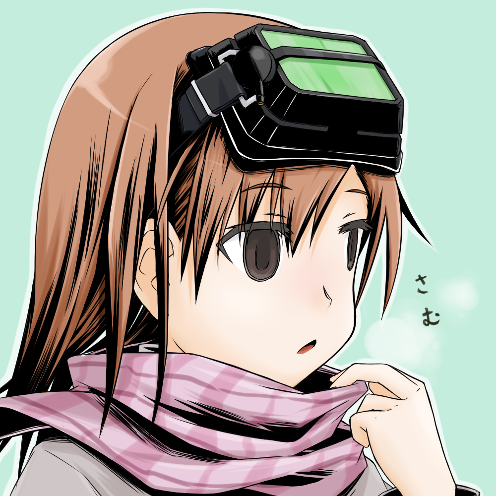 breath brown_eyes brown_hair coat empty_eyes head_mounted_display misaka_imouto scarf solo tachibana_(awaken_my_mind) to_aru_majutsu_no_index translated