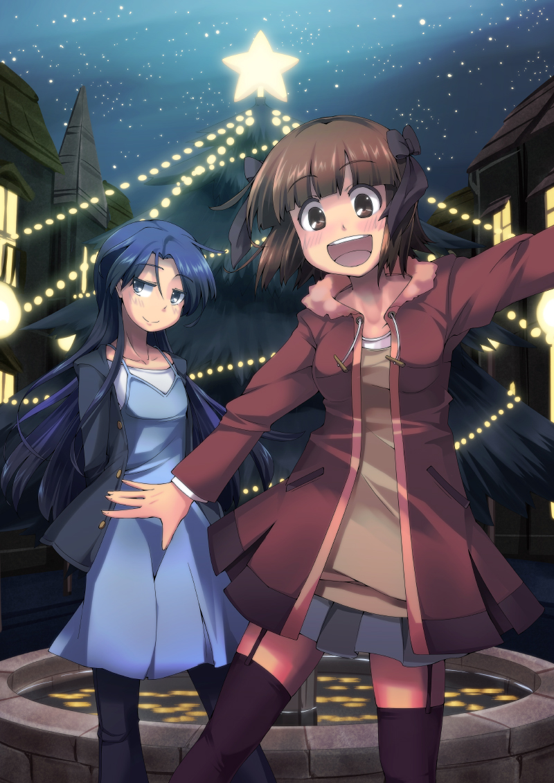 :d amami_haruka blue_hair bon_(moegomi) brown_eyes brown_hair christmas christmas_tree coat fountain idolmaster idolmaster_(classic) kisaragi_chihaya long_hair multiple_girls night night_sky open_mouth outstretched_arms pantyhose short_hair sky smile spread_arms thighhighs