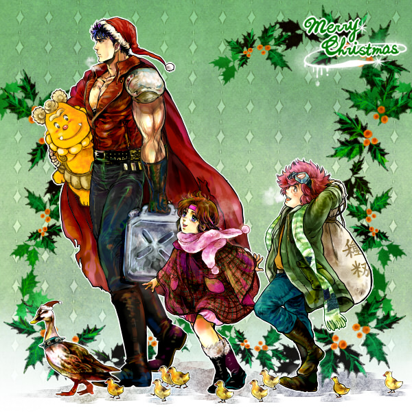 2boys bat_(hokuto_no_ken) bird child christmas duck hat hokuto_no_ken jobo_(isi88) kenshirou lynn multiple_boys santa_costume santa_hat