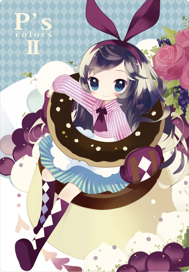 apron argyle argyle_background bangs blue_background blue_eyes blue_skirt blush_stickers boots bow bowtie brown_hair closed_mouth collared_shirt cravat cream diamond_(shape) doughnut eyebrows_visible_through_hair flat_chest flower food fruit full_body grapes hair_bow hairband holding in_food knee_boots long_hair long_sleeves looking_at_viewer original outstretched_arms oven_mitts oversized_object pink_flower pink_rose pink_shirt pudding purple_footwear purple_neckwear puti_devil roman_numerals rose shirt sitting skirt solo striped striped_shirt striped_skirt swept_bangs vertical-striped_shirt vertical_stripes very_long_hair waist_apron white_apron