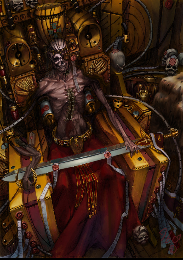amputee blade blood corpse crown emperor_of_mankind eyepatch gold grey_hair guro halo laurels long_hair male_focus scar scroll skull solo stitches sword throne warhammer_40k weapon