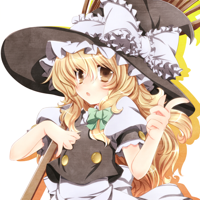 blonde_hair bow braid broom colorized gotou_nao hair_bow hat kirisame_marisa long_hair solo touhou witch_hat yellow_eyes