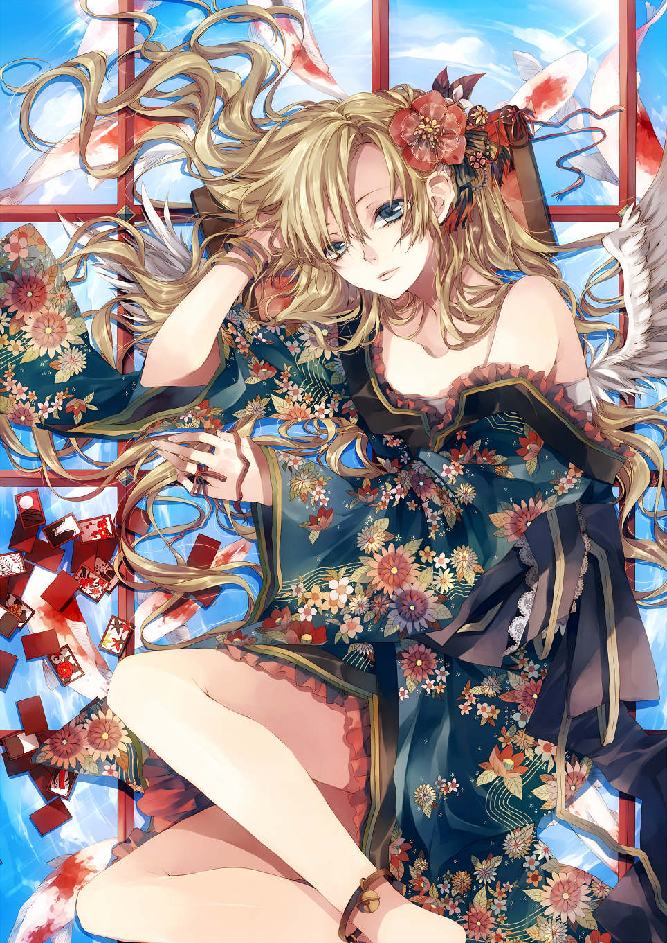 angel_wings anklet bell blonde_hair blue_eyes fish floral_print flower goldfish hair_flower hair_ornament hanafuda highres japanese_clothes jewelry original solo tsukioka_tsukiho window wings