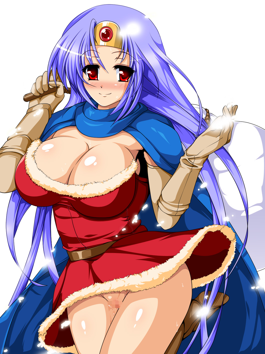 blue_hair blush bottomless breasts cape censored chunsoft cleavage dragon_quest dragon_quest_iii enix gloves highres huge_breasts large_breasts long_hair no_panties pussy pussy_juice red_eyes sack sage_(dq3) skirt skirt_lift smile sweat vagina
