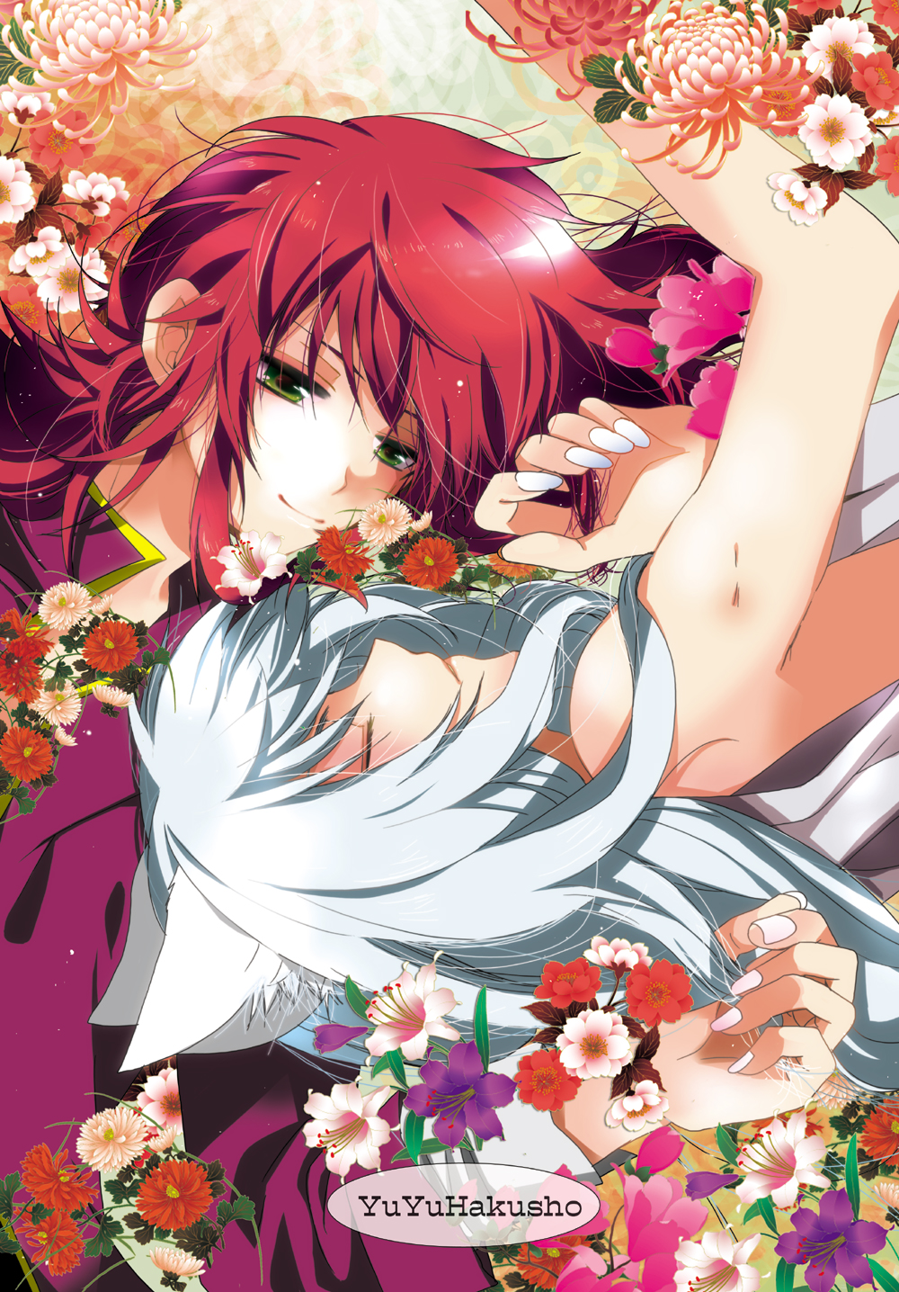 animal_ears chrysanthemum closed_eyes dual_persona flower fox_ears green_eyes highres kurama long_hair male_focus marirero_a multiple_boys red_hair selfcest white_hair youko_kurama yuu_yuu_hakusho