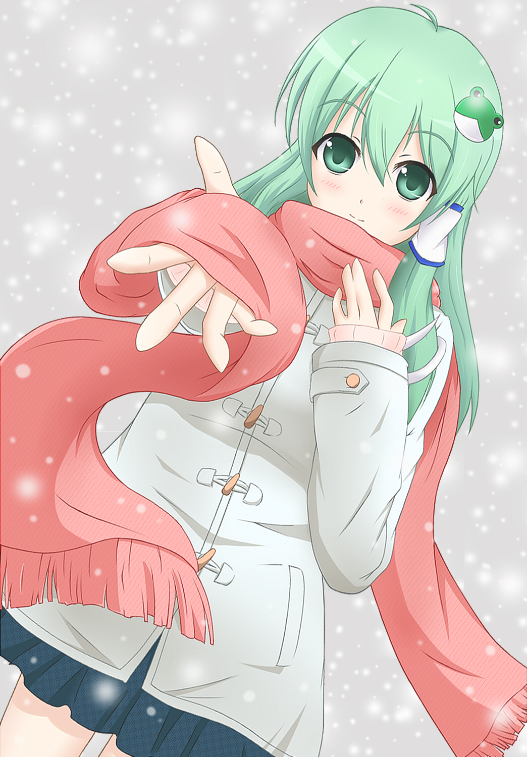 coat frog green_eyes green_hair highres kochiya_hizuki kochiya_sanae long_hair scarf skirt snow solo touhou