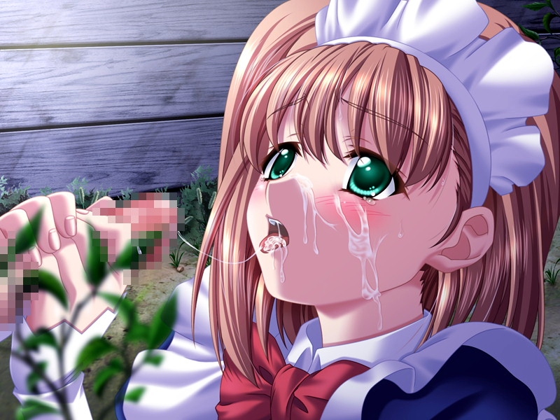 1boy 1girl blush censored cum cum_in_mouth facial game_cg maid outdoors penis tears