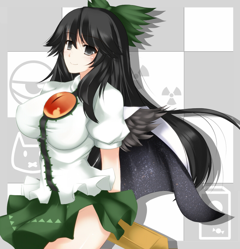 arm_cannon black_hair bow breasts cape cube_(circussion) green_bow grey_eyes hair_bow large_breasts long_hair reiuji_utsuho solo third_eye touhou weapon wings