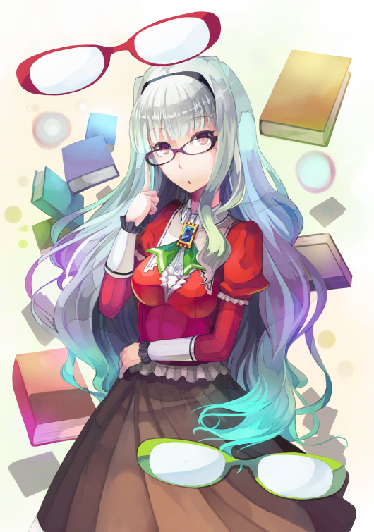 :o adjusting_eyewear book frills glasses hairband idolmaster idolmaster_(classic) long_hair pos red_eyes shijou_takane silver_hair skirt solo very_long_hair