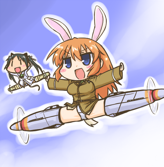 animal_ears blue_eyes bunny_ears cat_ears charlotte_e_yeager chibi fang francesca_lucchini long_hair military military_uniform multiple_girls nekoyama panties split strike_witches twintails underwear uniform world_witches_series