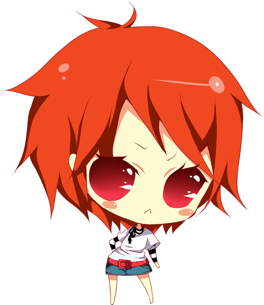 belt blush buckle chibi female frown necklace pout red_eyes red_hair skirt string stripes