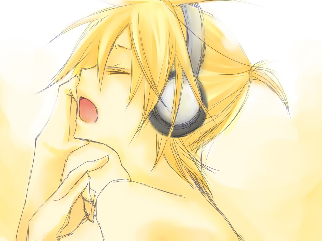 artist_request bare_shoulders blonde_hair hand_on_face hand_on_own_face headphones kagamine_len male male_focus open_mouth ponytail short_hair singing solo topless vocaloid