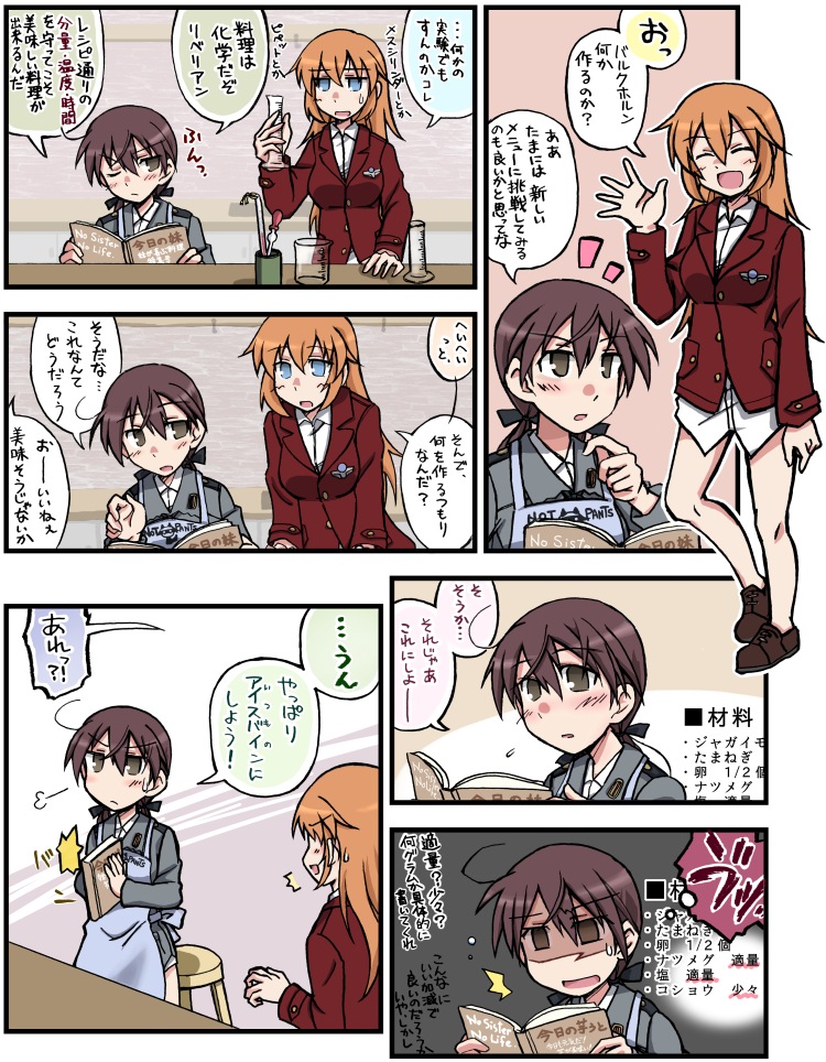 charlotte_e_yeager comic cooking gertrud_barkhorn multiple_girls no_pants shizuru_(ayuhiko) strike_witches translated world_witches_series