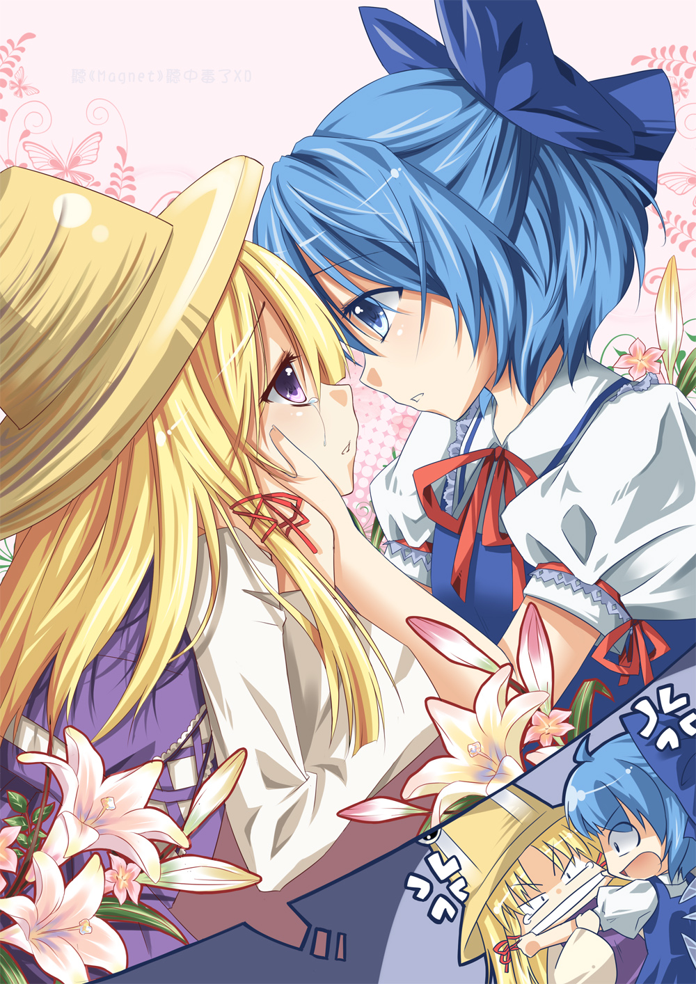 anger_vein angry blonde_hair blue_eyes blue_hair bow cirno eye_contact flower hair_bow hand_on_another's_cheek hand_on_another's_face hands_on_another's_cheeks hands_on_another's_face hat highres lily_(flower) looking_at_another moriya_suwako mouth_pull multiple_girls purple_eyes short_hair tears thought_bubble touhou wings yui_(daijun) yuri