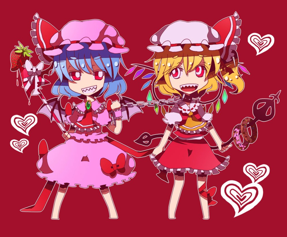 :d ascot bad_id bad_pixiv_id barefoot bat_wings blonde_hair blue_hair chain chibi collar crazy_eyes doughnut flandre_scarlet food fruit hat heart laevatein multiple_girls open_mouth pote_(aonibi_kairou) red_eyes remilia_scarlet sharp_teeth siblings sisters smile spear_the_gungnir strawberry teeth touhou wings