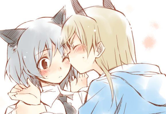 :&lt; ;&lt; animal_ears bad_id bad_pixiv_id blonde_hair blush cheek_kiss closed_eyes couple eila_ilmatar_juutilainen hood hoodie kiss kutsuwada_on long_hair multiple_girls necktie sanya_v_litvyak short_hair silver_hair strike_witches world_witches_series wrist_grab yuri