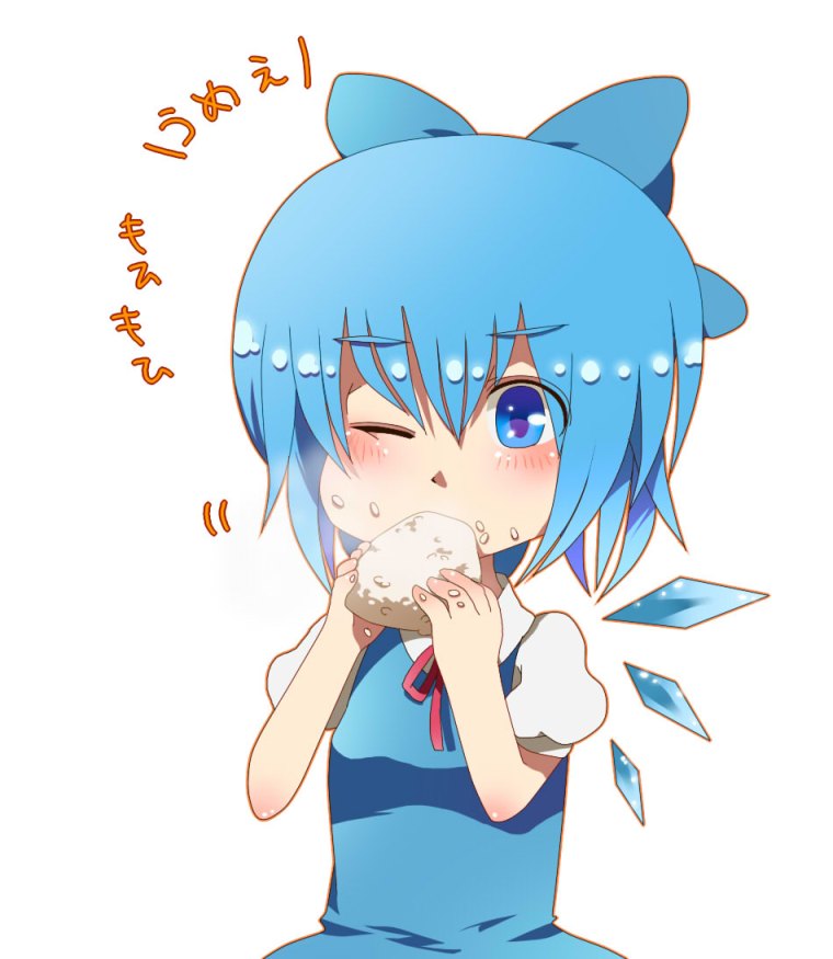 bad_id bad_pixiv_id blue_eyes blue_hair cirno eating food food_on_face one_eye_closed onigiri pote_(aonibi_kairou) simple_background solo touhou wings
